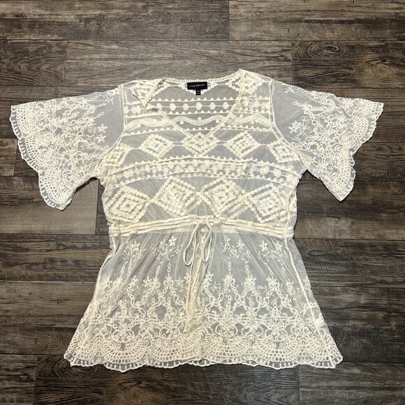 Lane Bryant 18/20 Sheer Lace Top Boho Cream Tie Waist Whimsy Sweet Country - Picture 1 of 6